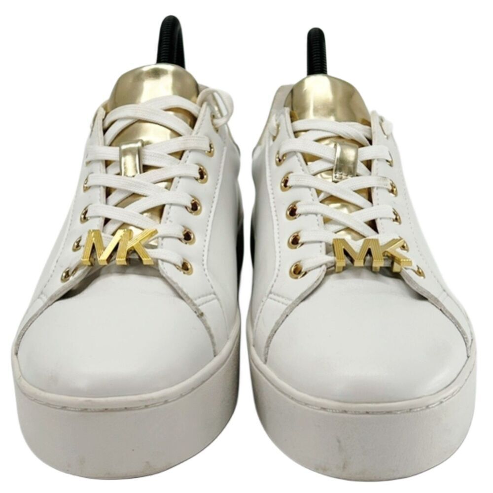 Michael Kors Poppy Metallic Gold Trim White Sneakers Size 8 - Picture 2 of 10